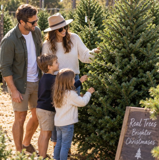 A family choosing a real Christmas tree at a nursery