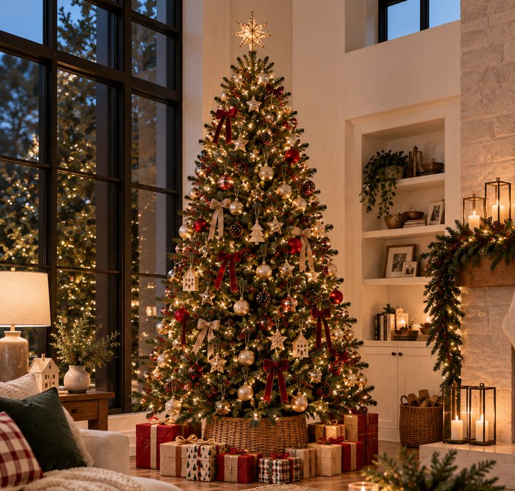 Large real Christmas tree in a double-height living room