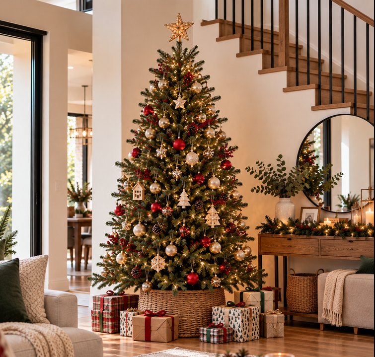 Medium real Christmas tree beside a staircase