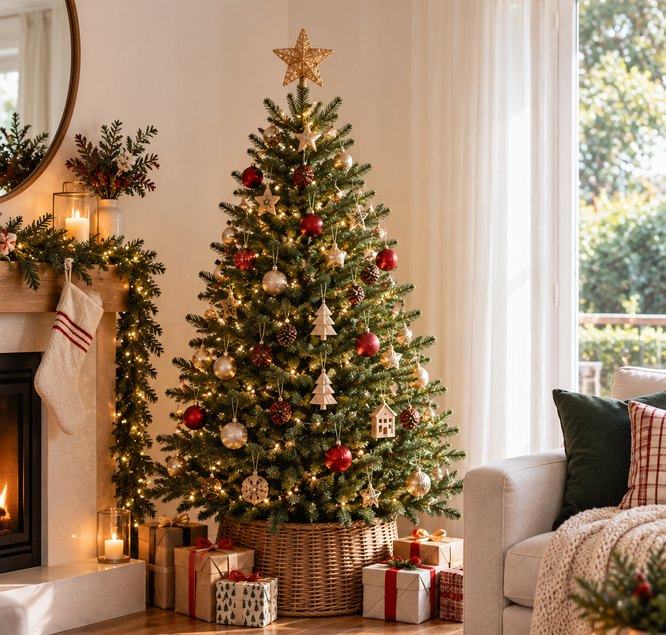 Small real Christmas tree in a lounge room